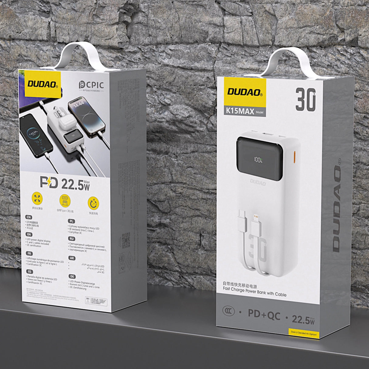 Dudao K15MAX 30000mAh PD 22.5W Powerbank med indbyggede kabler - hvid