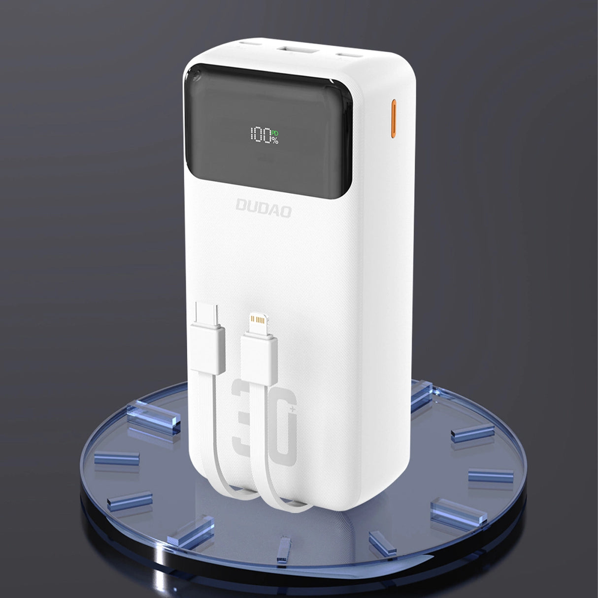 Dudao K15MAX 30000mAh PD 22.5W Powerbank med indbyggede kabler - hvid