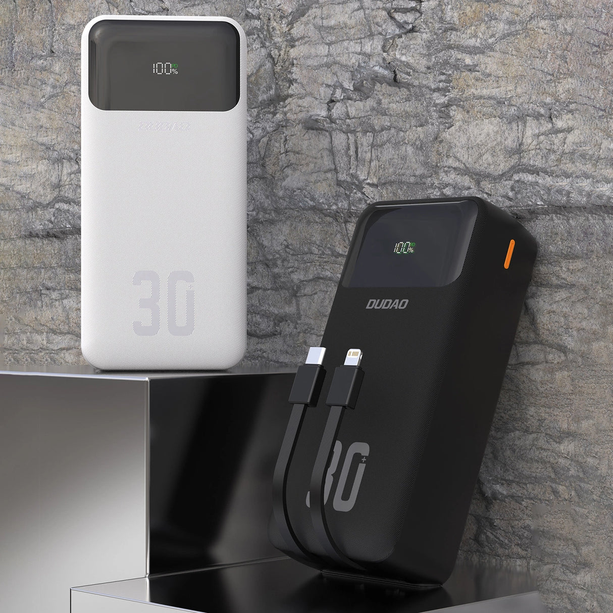 Dudao K15MAX 30000mAh PD 22.5W Powerbank med indbyggede kabler - hvid