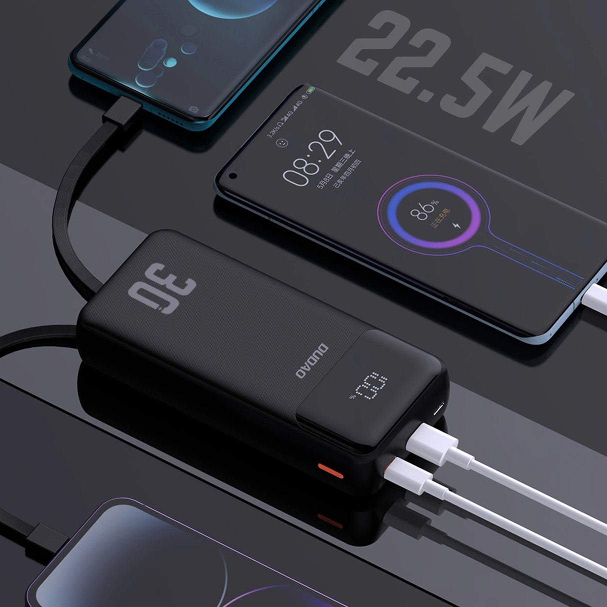 Dudao K15MAX 30000mAh PD 22.5W Powerbank med indbyggede kabler - sort