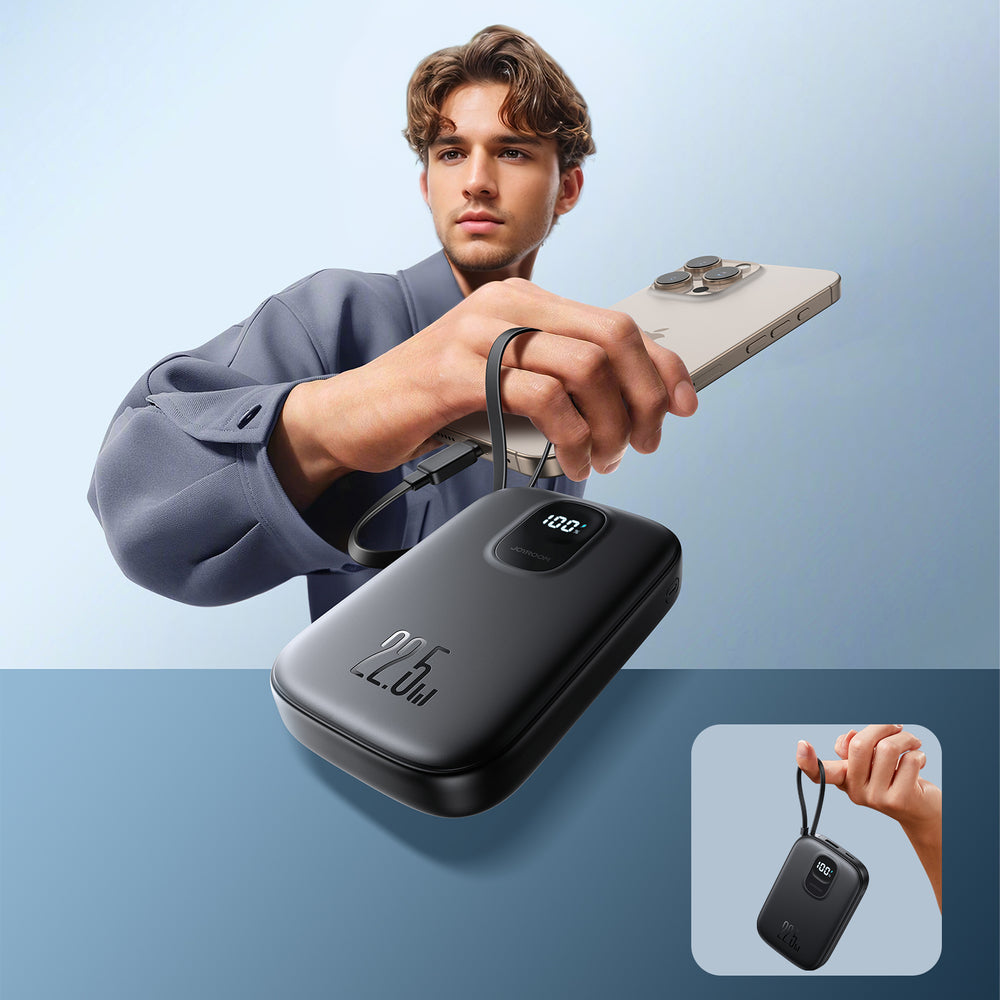 Joyroom JR-PBF17 22.5W 10000mAh Powerbank med indbygget USB-C-kabel + 0.25cm USB-C-kabel - sort