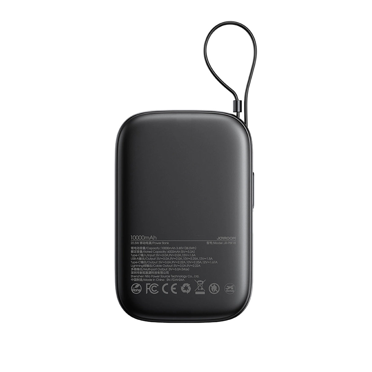 Joyroom JR-PBF18 22.5W 10000mAh Powerbank med indbygget Lightning-kabel + USB-C-kabel 0,25 cm - sort