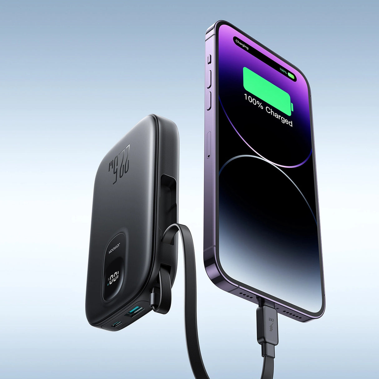 Joyroom JR-PBF18 22.5W 10000mAh Powerbank med indbygget Lightning-kabel + USB-C-kabel 0,25 cm - sort