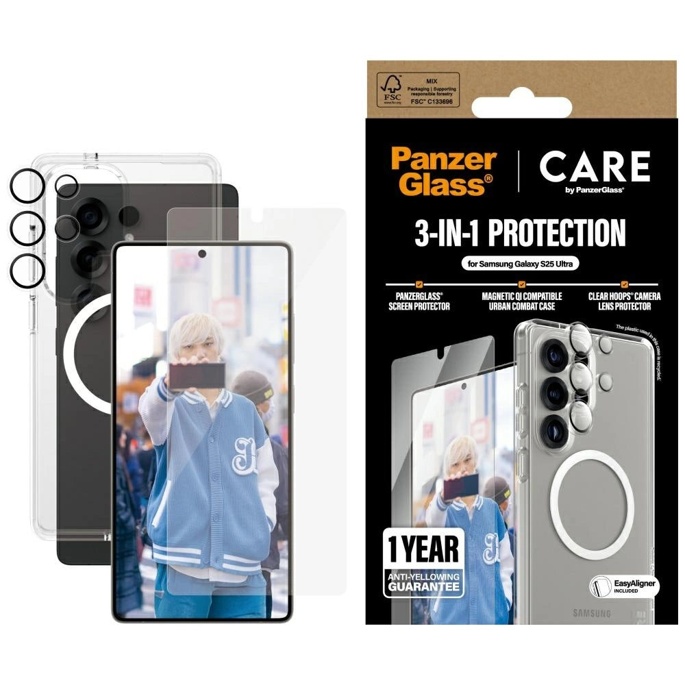 CARE af PanzerGlass Flagship 3in1 Case + Glass + Lens Protective Kit til Samsung Galaxy S25 Ultra
