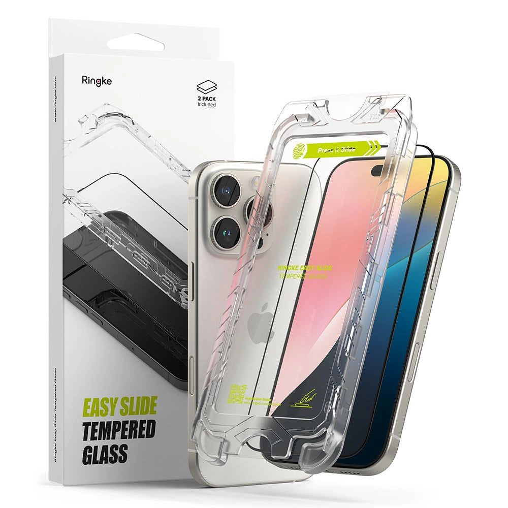 Ringke Easy Slide 2-pakke sort ramme hærdet glas til iPhone 16 Pro