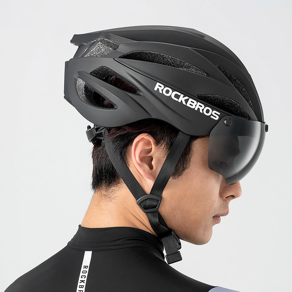 Rockbros Bike Helmet with Visor, Detachable UV Protective Goggles, Unisex - Black/Brown