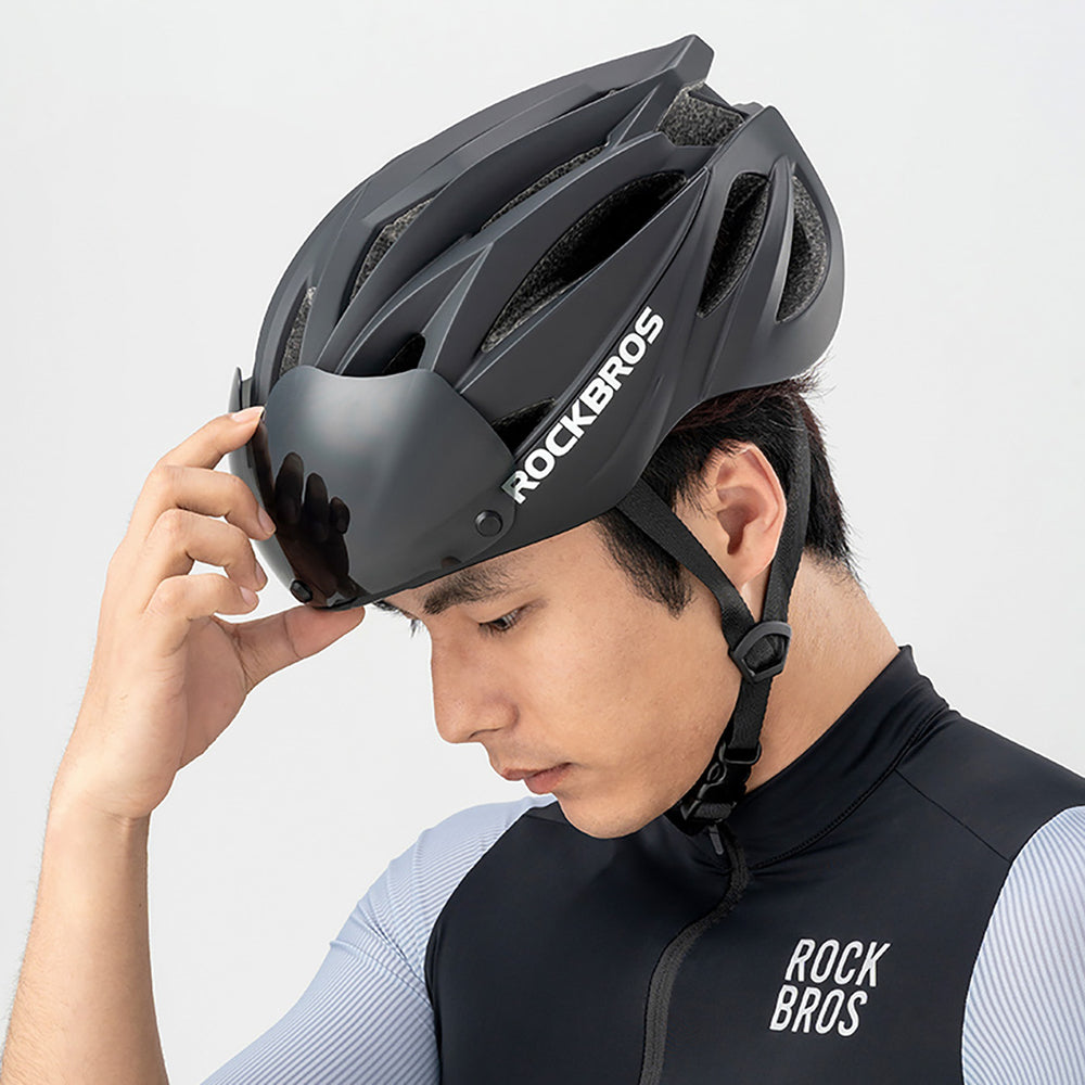 Rockbros Bike Helmet with Visor, Detachable UV Protective Goggles, Unisex - Black/Brown