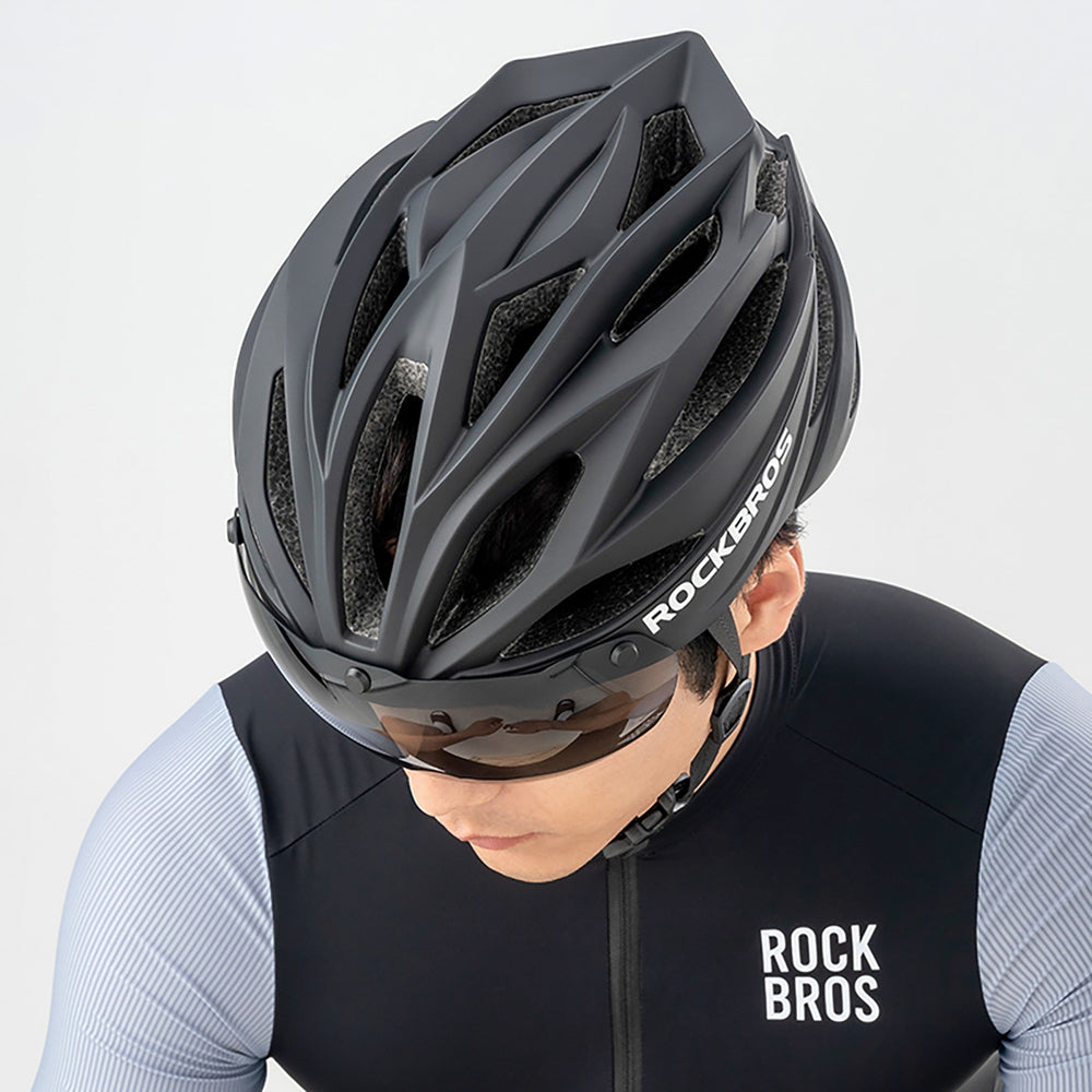 Rockbros Bike Helmet with Visor, Detachable UV Protective Goggles, Unisex - Black/Brown