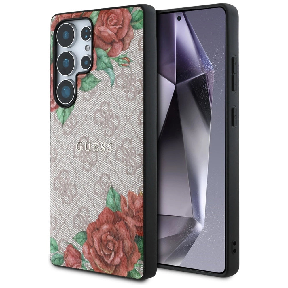 Guess læder 4G blomsterprint Metal Classic Logo MagSafe Case til Samsung Galaxy S25 Ultra - Pink