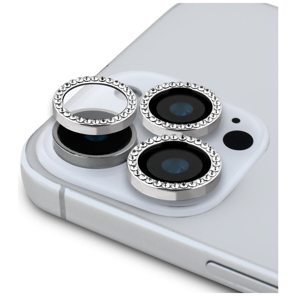 Guess BP Rhinestone 2in1 skærmbeskytter og kameraobjektiv sæt til iPhone 16 Pro Max - Silver