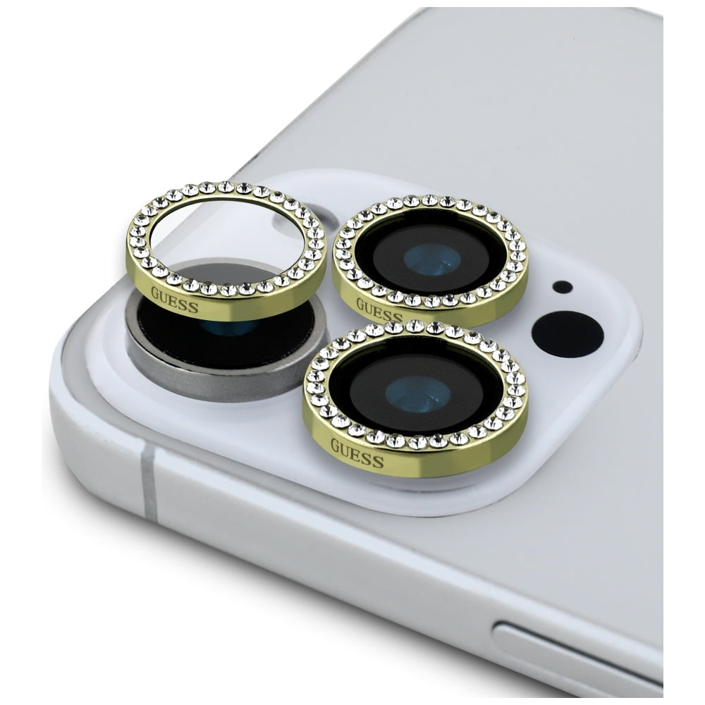 Guess BP Rhinestone 2in1 skærmbeskytter og kameraobjektivsæt til iPhone 16 Pro Max - Guld