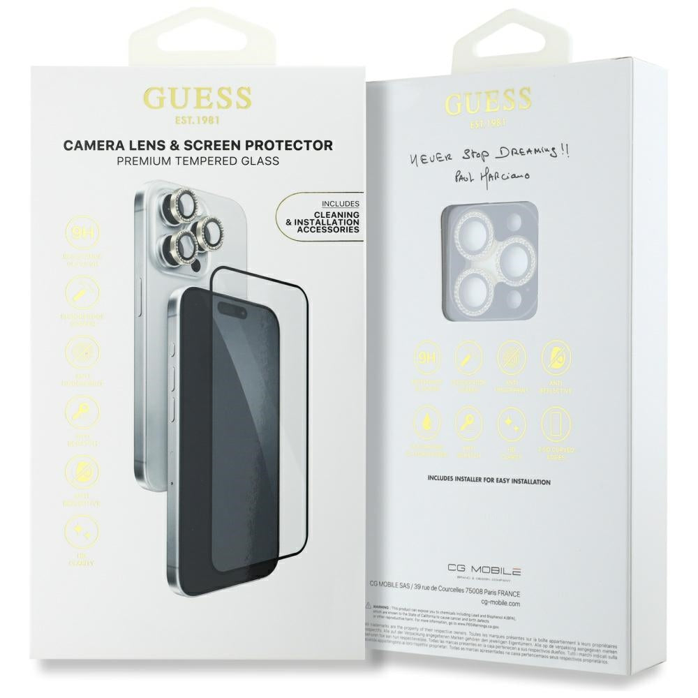 Guess BP Rhinestone 2in1 skærmbeskytter og kameraobjektivsæt til iPhone 16 Pro Max - Guld