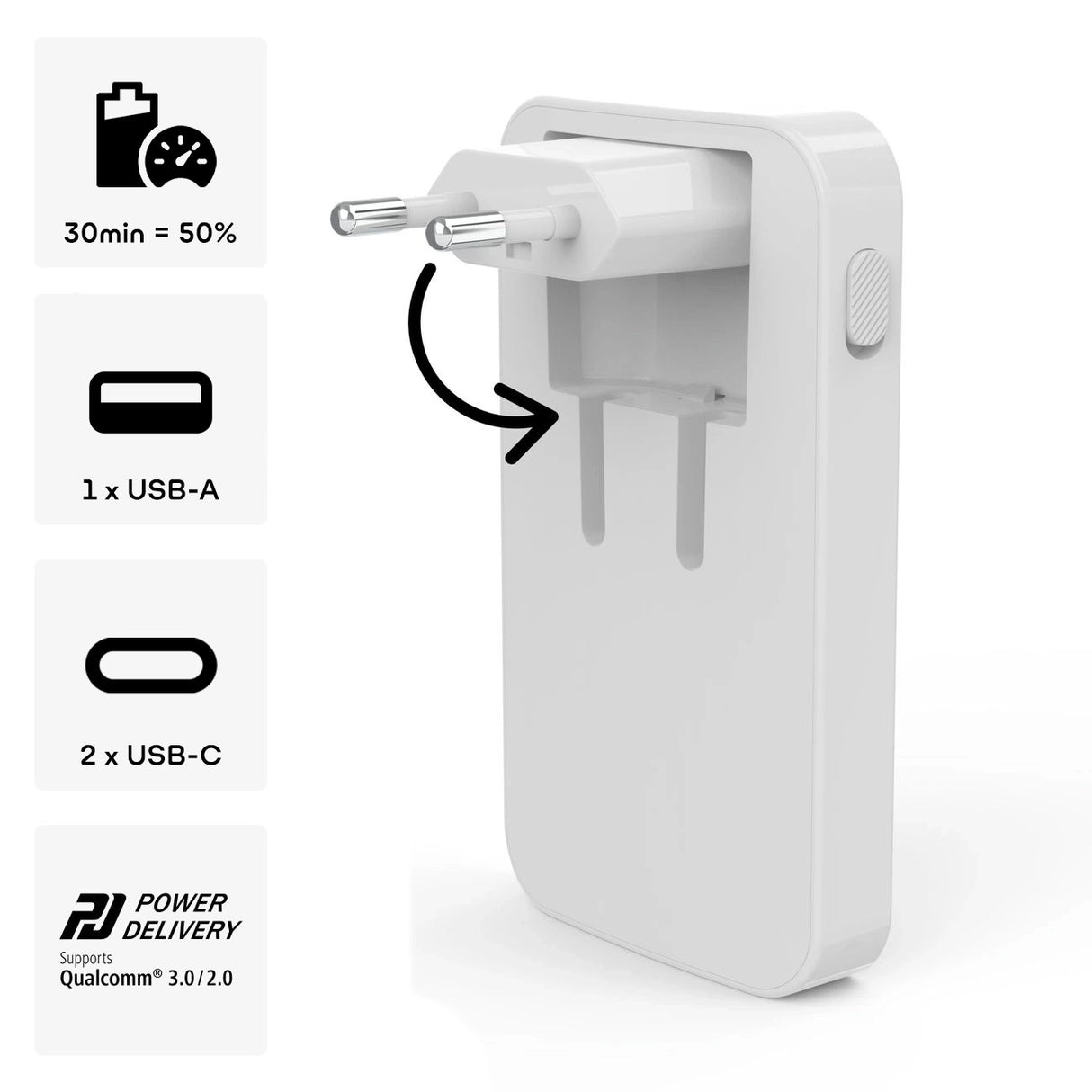 Hama GaN Charger 65W 2x USB-C 1x USB-A Foldbar - hvid