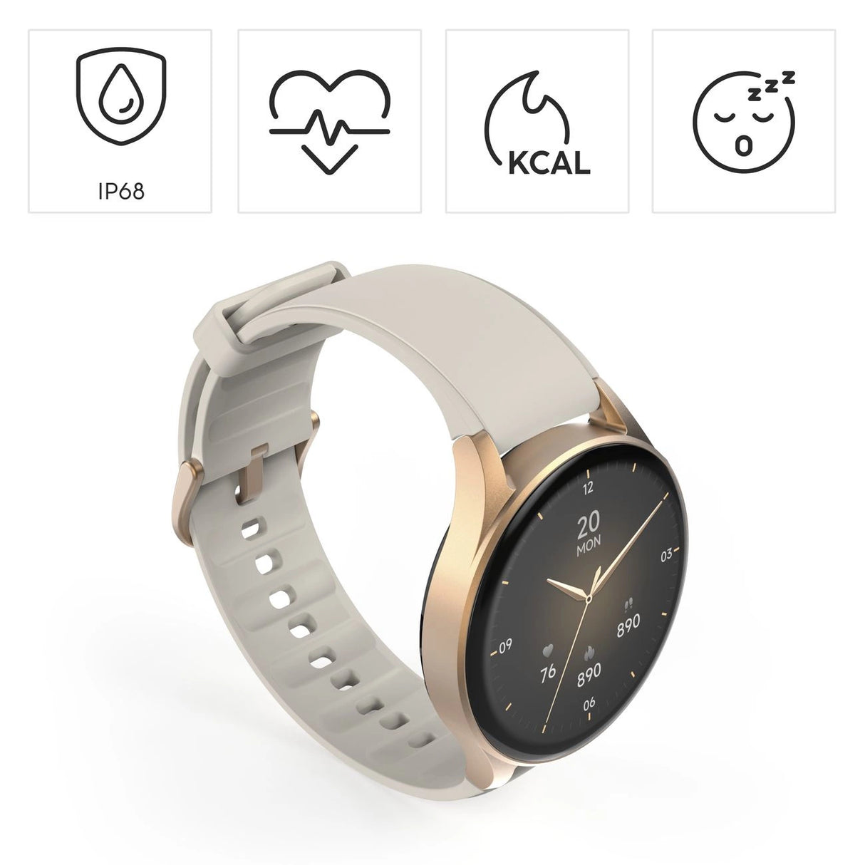 Hama 8900 GPS AMOLED Smartwatch 1,32" med beige silikonrem - guld