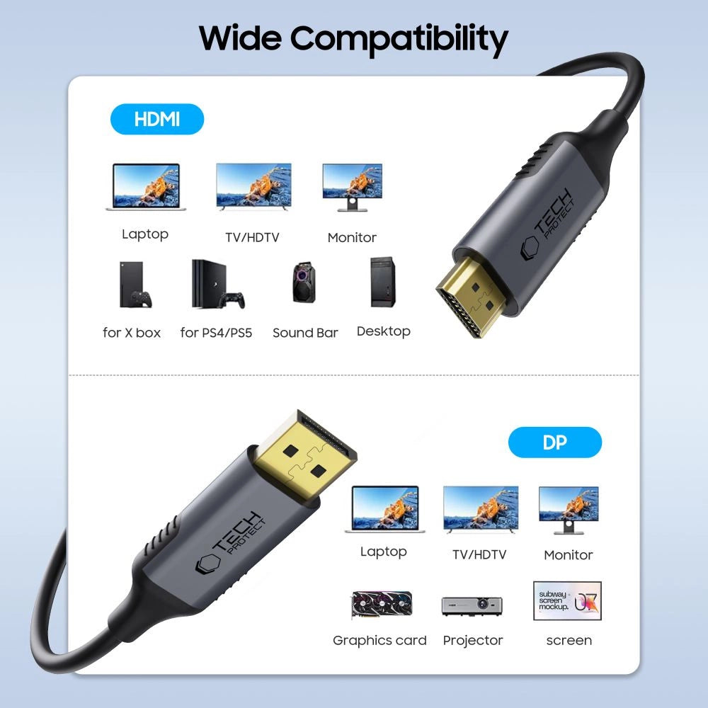 Tech-Protect UltraBoost DisplayPort / HDMI 2.0 Kabel 4K 60Hz 2m - sort