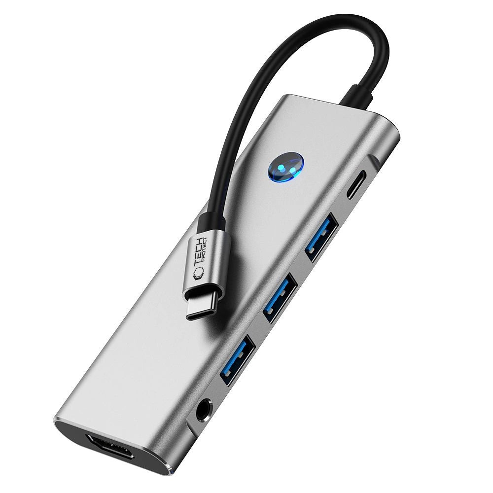 Tech-Protect HB04 HUB Adapter 9in1 USB-C + USB2.0 + USB3.0 + HDMI 4K 60Hz + SD / TF + PD100W + AV3.5 - grå