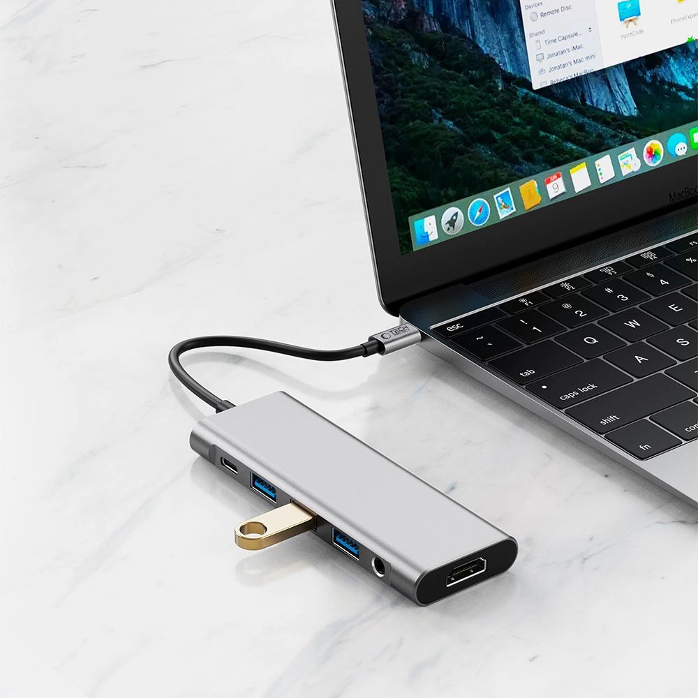 Tech-Protect HB04 HUB Adapter 9in1 USB-C + USB2.0 + USB3.0 + HDMI 4K 60Hz + SD / TF + PD100W + AV3.5 - grå
