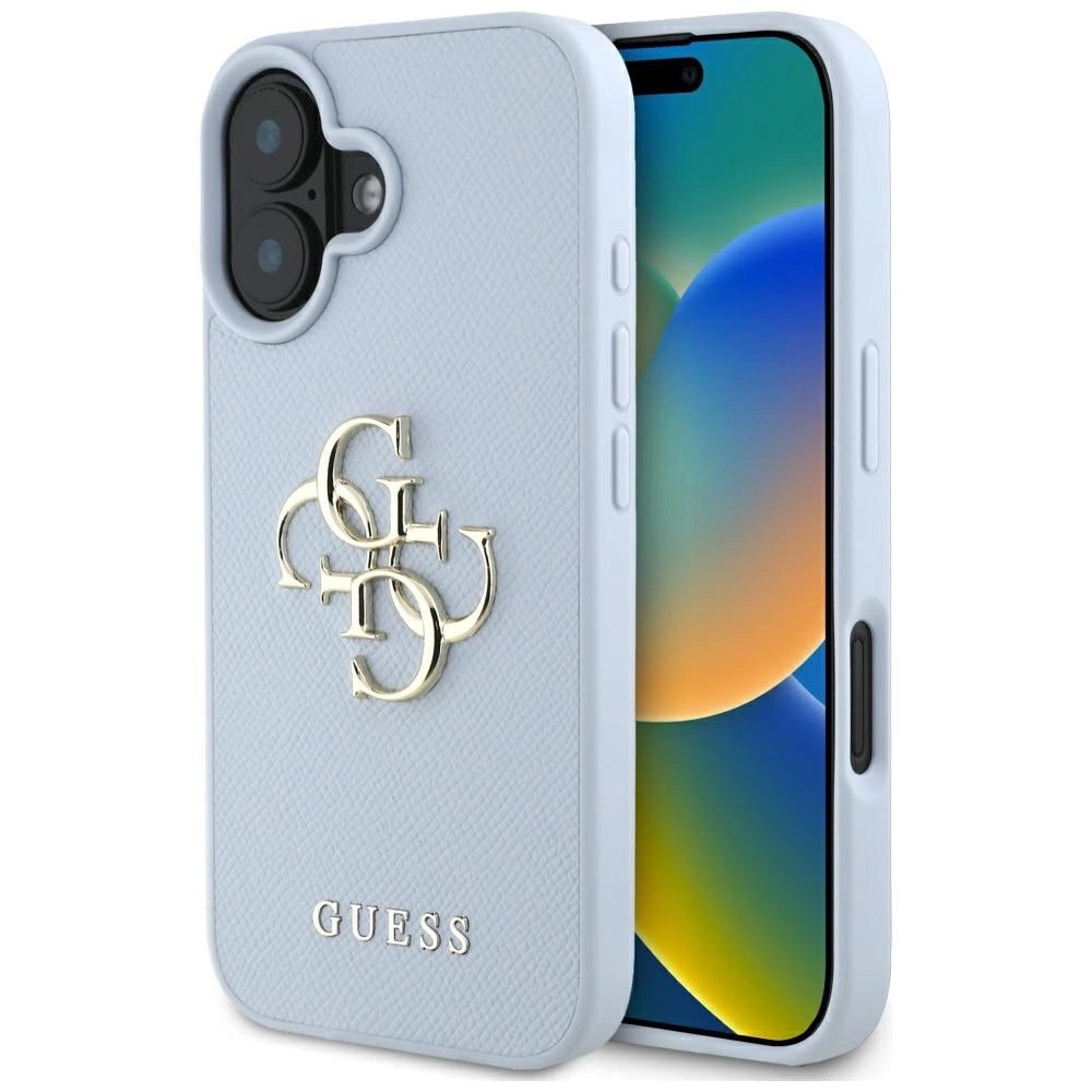 Guess Grained Big 4G Logo Small Classic Logo Case til iPhone 16 - blå