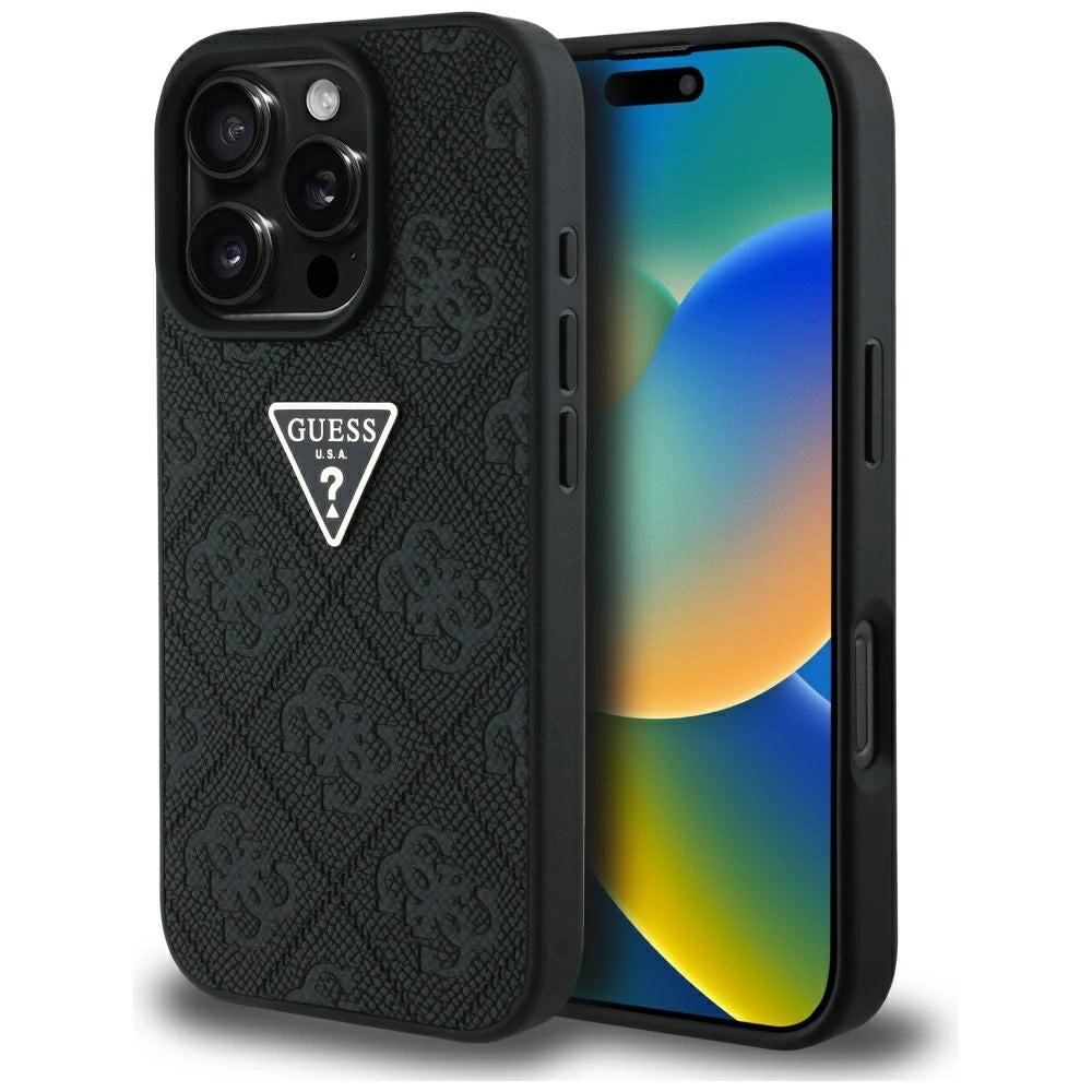 Guess Hot Stamp 4G Pattern Triangle Metal Logo Case til iPhone 16 Pro - sort