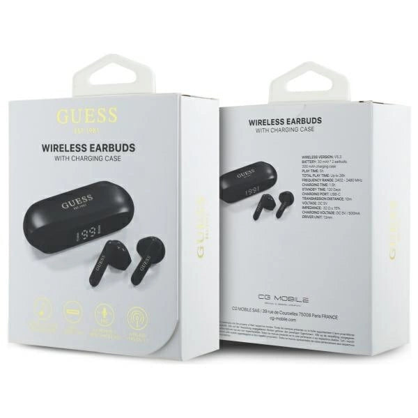 Guess langstrakt metalsk trykt logo Bluetooth TWS hovedtelefoner + Docking Station - sort