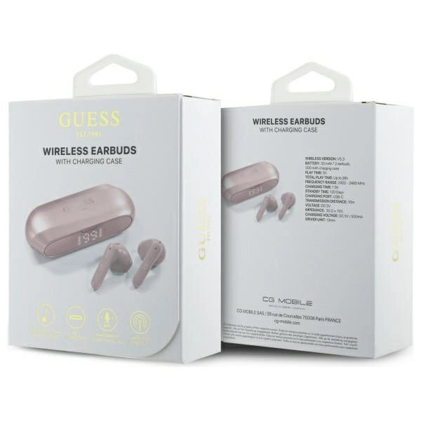 Guess langstrakt metaltrykt logo Bluetooth TWS hovedtelefoner + dockingstation - Pink