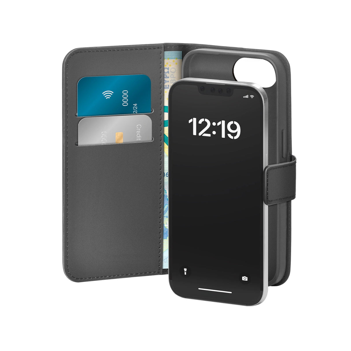 Puro Eco-Læder Case til iPhone 16E W/horiz.flip+2 Kortflade+Banknote lomme+Dæksel Sort