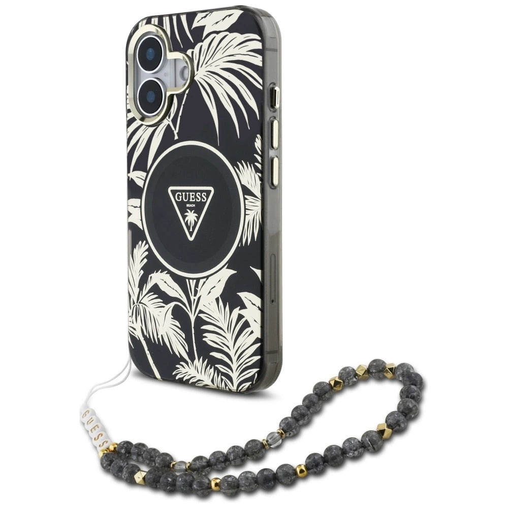 Guess Palm Trees Triangle Pearl Strap MagSafe-kasse til iPhone 16 sort