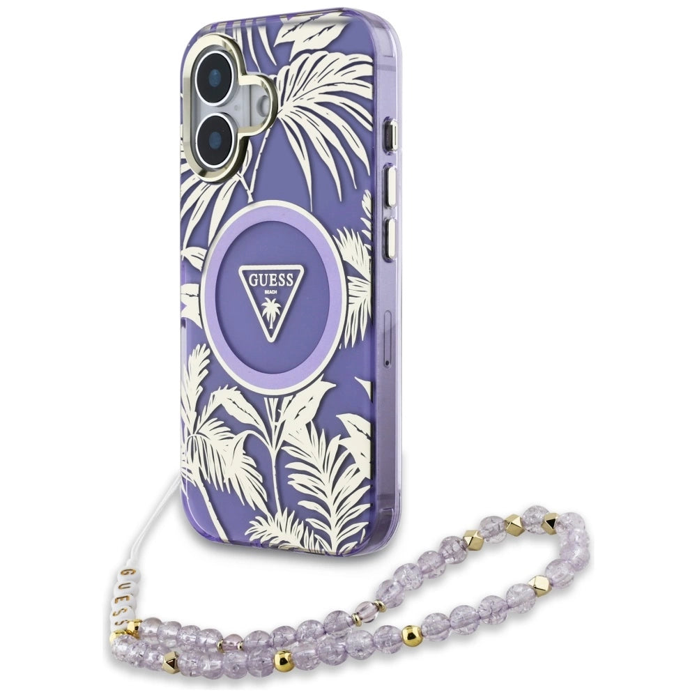 Guess Palm Trees Triangle Pearl Strap MagSafe-kasse til iPhone 16 lilla