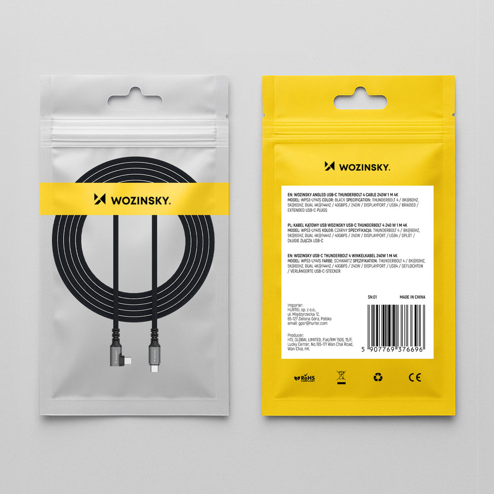 Wozinsky WPS3-UY41S USB-C Thunderbolt 4 240W 1m 4K vinklet kabel - sort