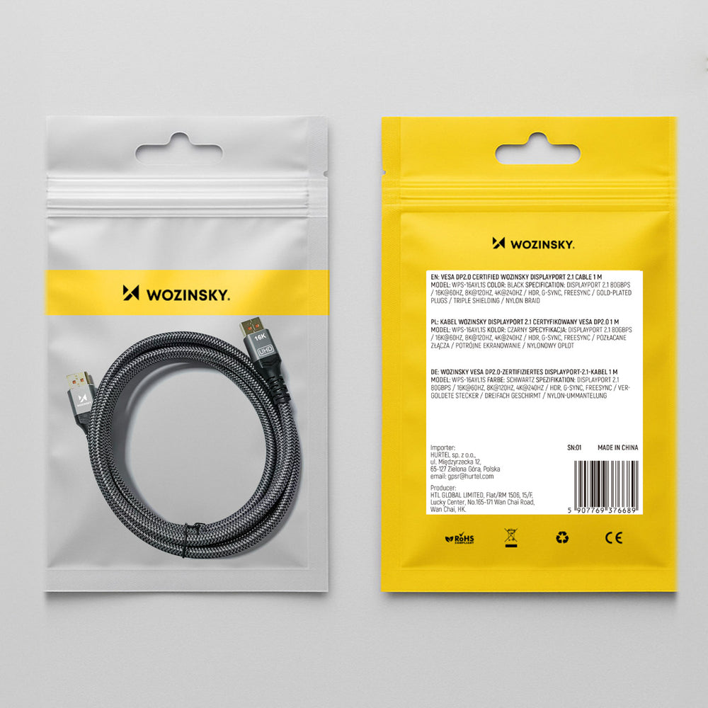 Wozinsky WPS-16AYL1S DisplayPort 2.1 Kabel VESA Certificeret 80 Gb/s 16K@60Hz 8K@120Hz 4K@240Hz HDR HDCP DSC 1m - Sort