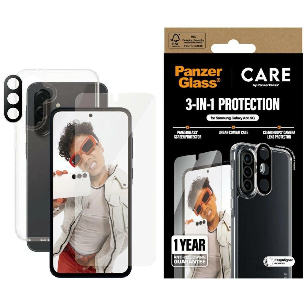 CARE af PanzerGlass Flagship 3in1 Case+Glass+Lens til Samsung Galaxy A36 5G - gennemsigtig
