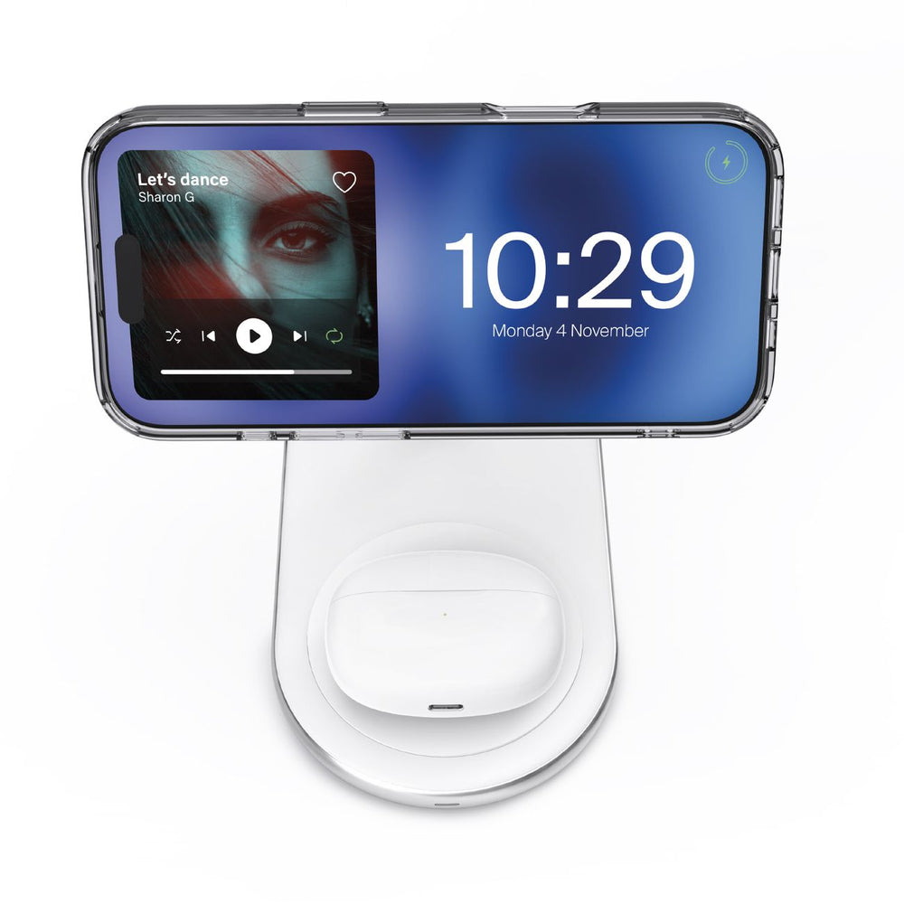 2 i 1 Puro Mag Station Trådløs opladningsstation til telefon og hovedtelefoner - hvid