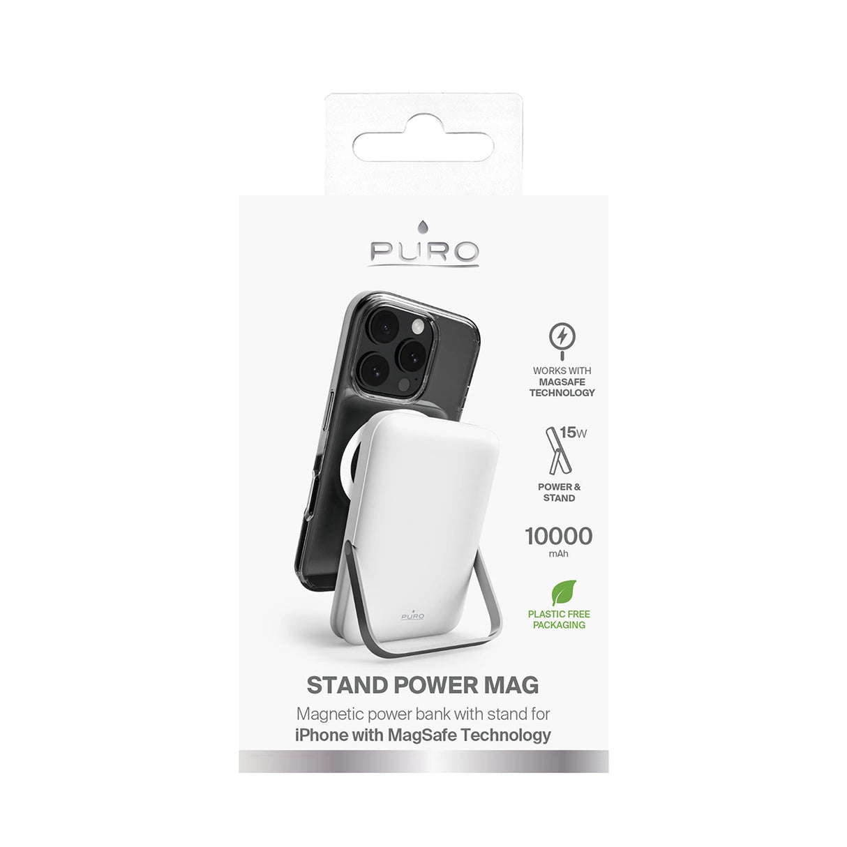 Puro 10000mAh MagSafe Wireless Power Bank med Aluminium Stativ - Hvid