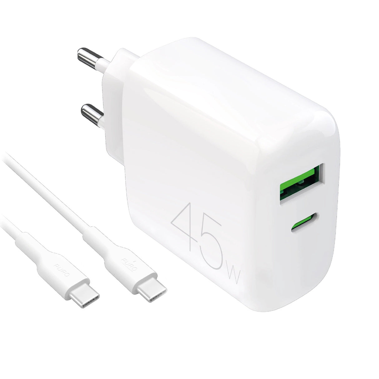 Puro Daily Prolite 45W USB-C USB-A Power Delivery Charger med USB-C-kabel - hvid