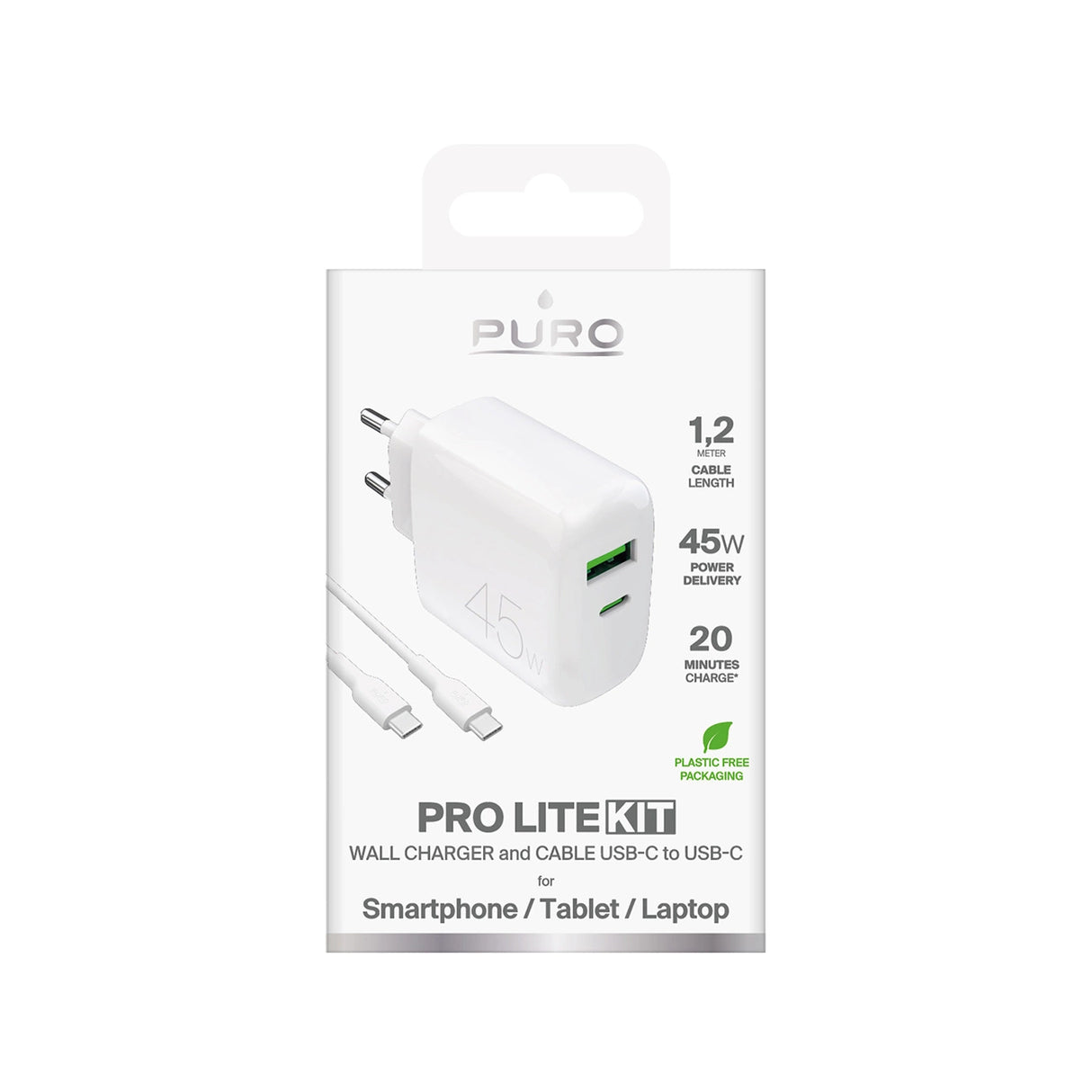 Puro Daily Prolite 45W USB-C USB-A Power Delivery Charger med USB-C-kabel - hvid