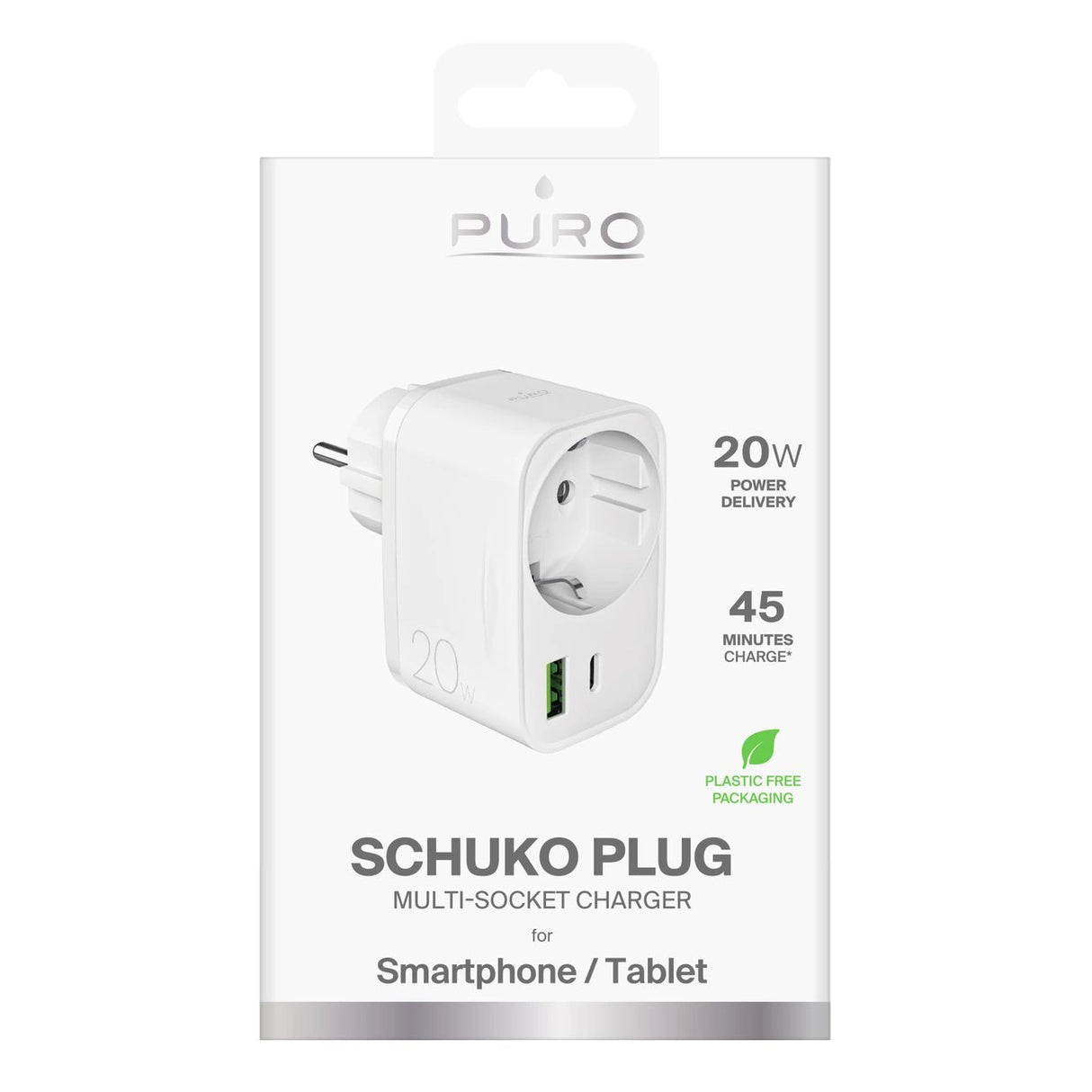 Puro 20W Power Delivery Charger med Schuko Plug og Socket 1x USB-C + 1x USB-A - Hvid