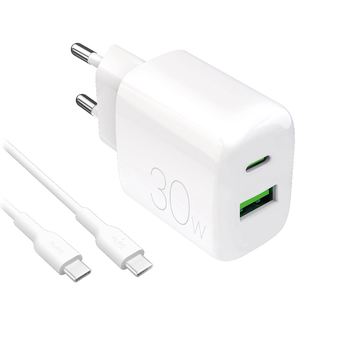 Puro PROLITE 30W USB-A / USB-C vægoplader + USB-C - USB-C kabel 1,2 m - hvid