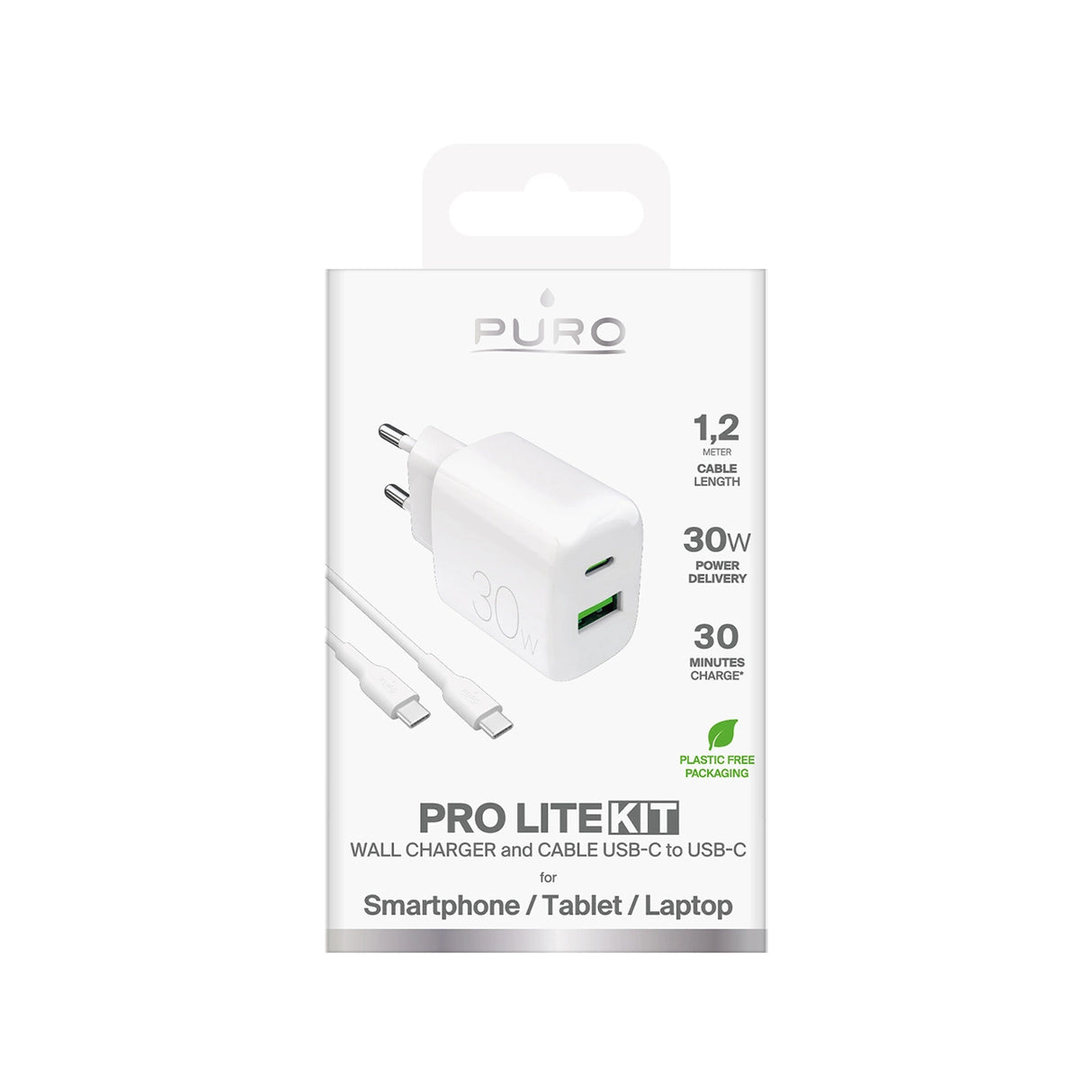 Puro PROLITE 30W USB-A / USB-C vægoplader + USB-C - USB-C kabel 1,2 m - hvid