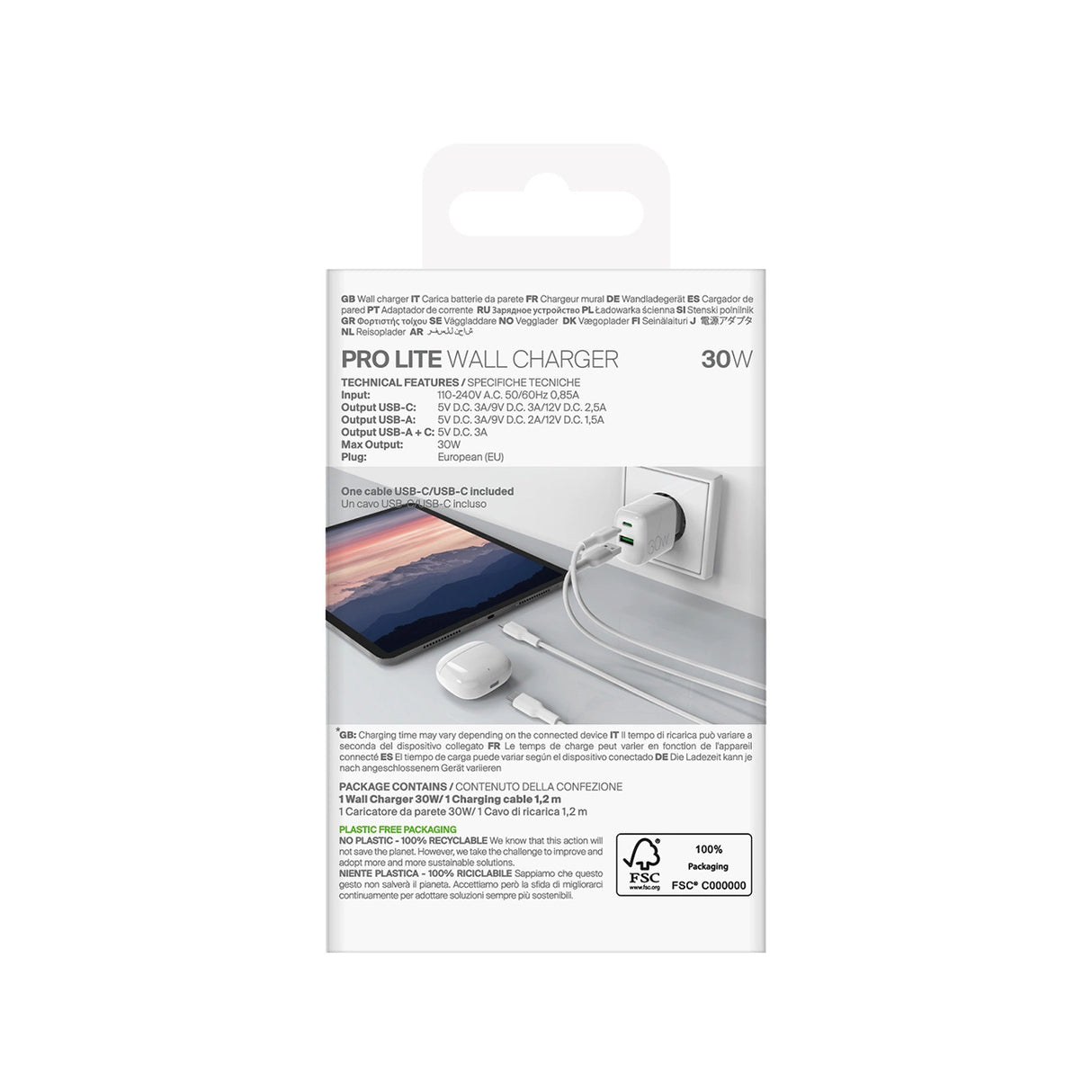 Puro PROLITE 30W USB-A / USB-C vægoplader + USB-C - USB-C kabel 1,2 m - hvid