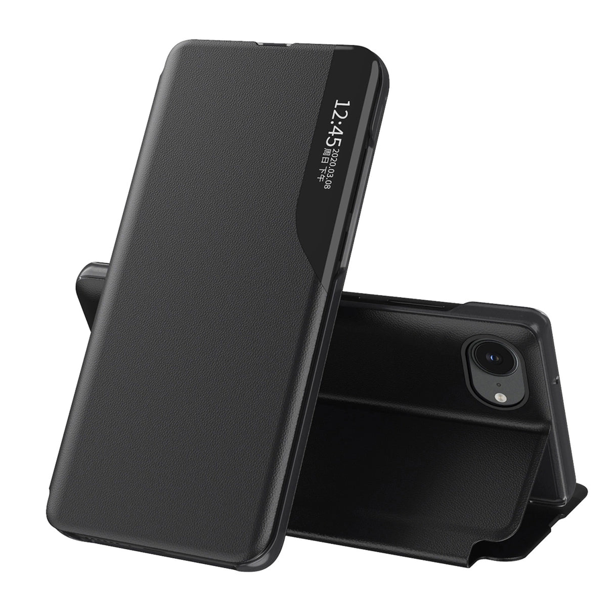 Eco Leather View Case elegant æske med klap og stativ til iPhone 16e - sort