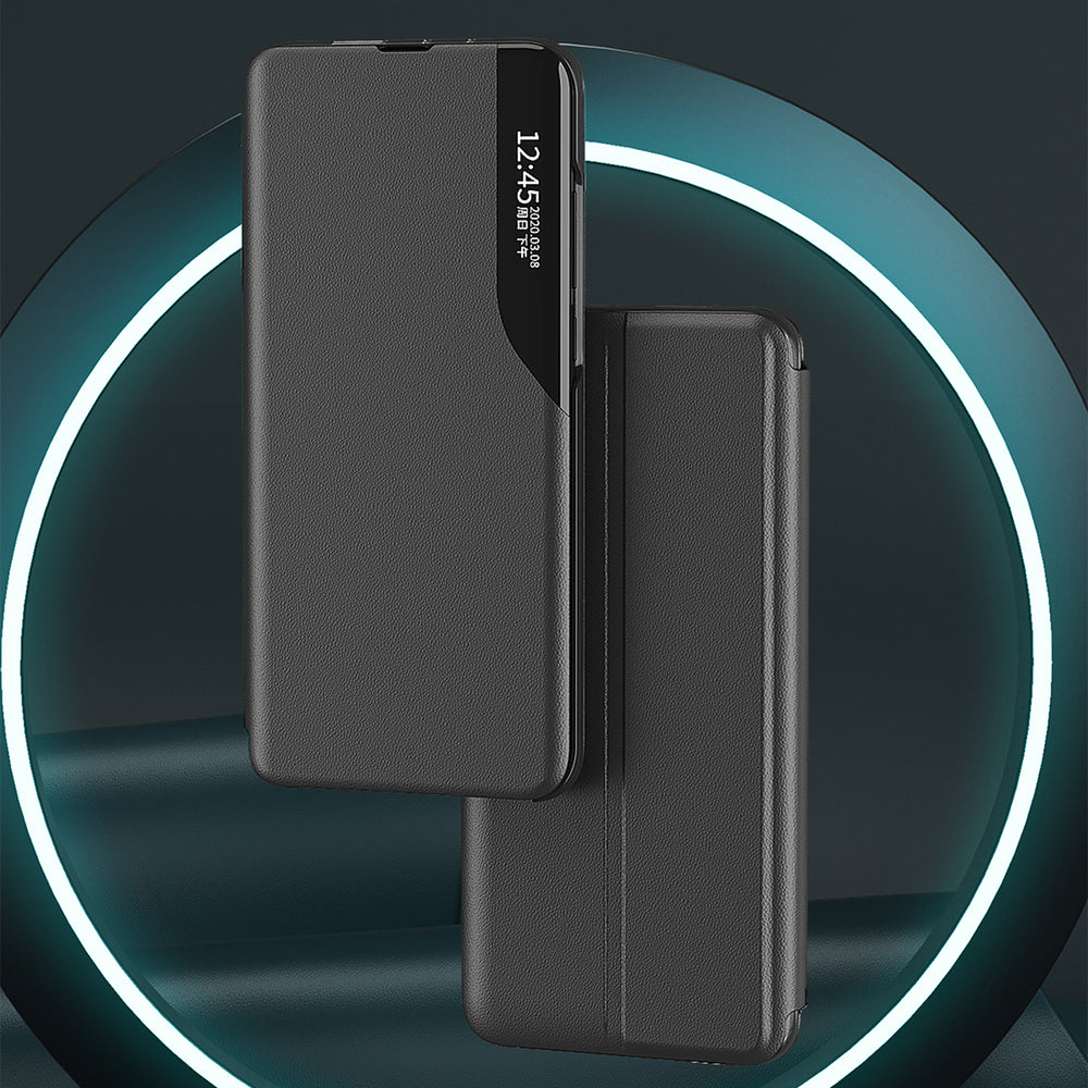 Eco Leather View Case, en elegant æske med flap og stativ til iPhone 16e / 17e - sort