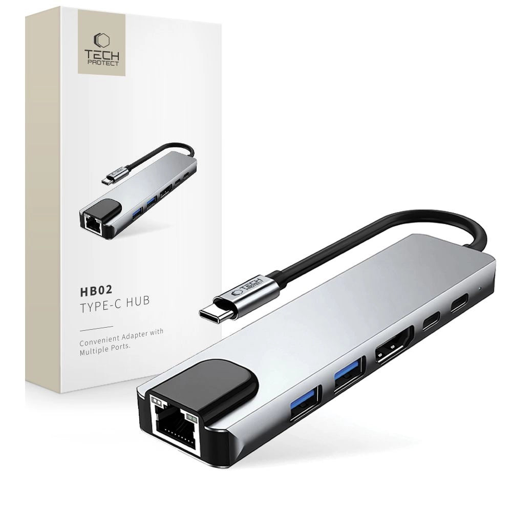 Tech-Protect HB02 HUB Adapter 6in1 USB-C + USB2.0 + USB3.0 + HDMI 4K 30Hz + RJ45 + PD100W - grå