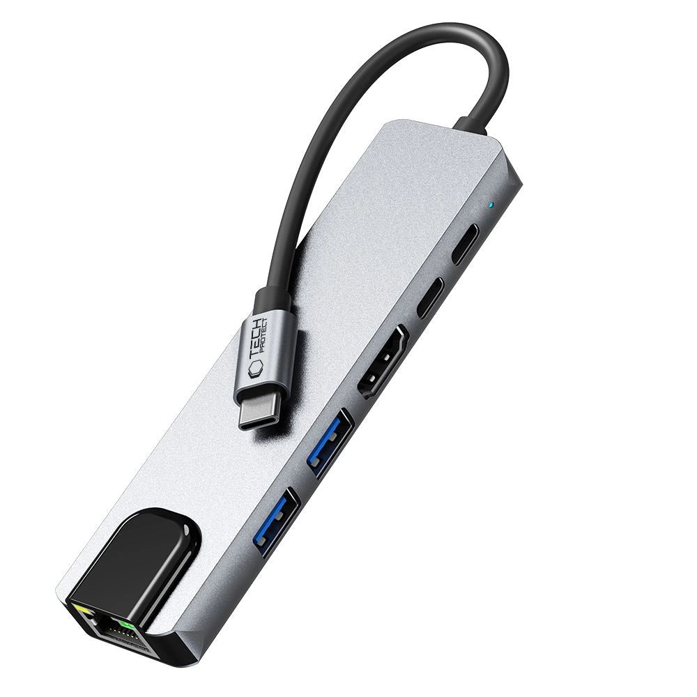 Tech-Protect HB02 HUB Adapter 6in1 USB-C + USB2.0 + USB3.0 + HDMI 4K 30Hz + RJ45 + PD100W - grå