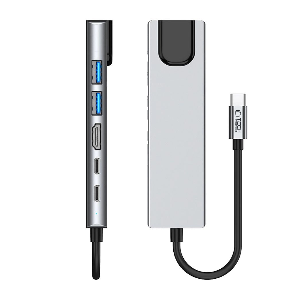 Tech-Protect HB02 HUB Adapter 6in1 USB-C + USB2.0 + USB3.0 + HDMI 4K 30Hz + RJ45 + PD100W - grå