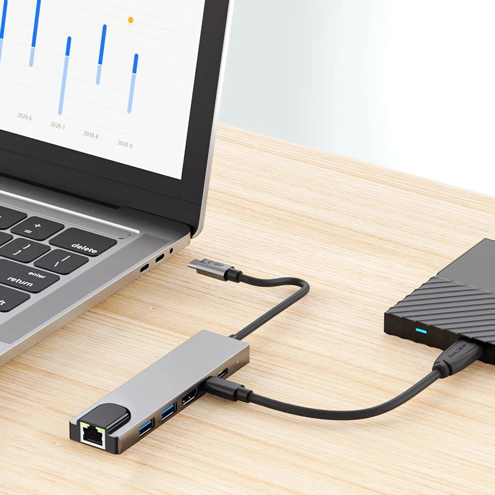 Tech-Protect HB02 HUB Adapter 6in1 USB-C + USB2.0 + USB3.0 + HDMI 4K 30Hz + RJ45 + PD100W - grå