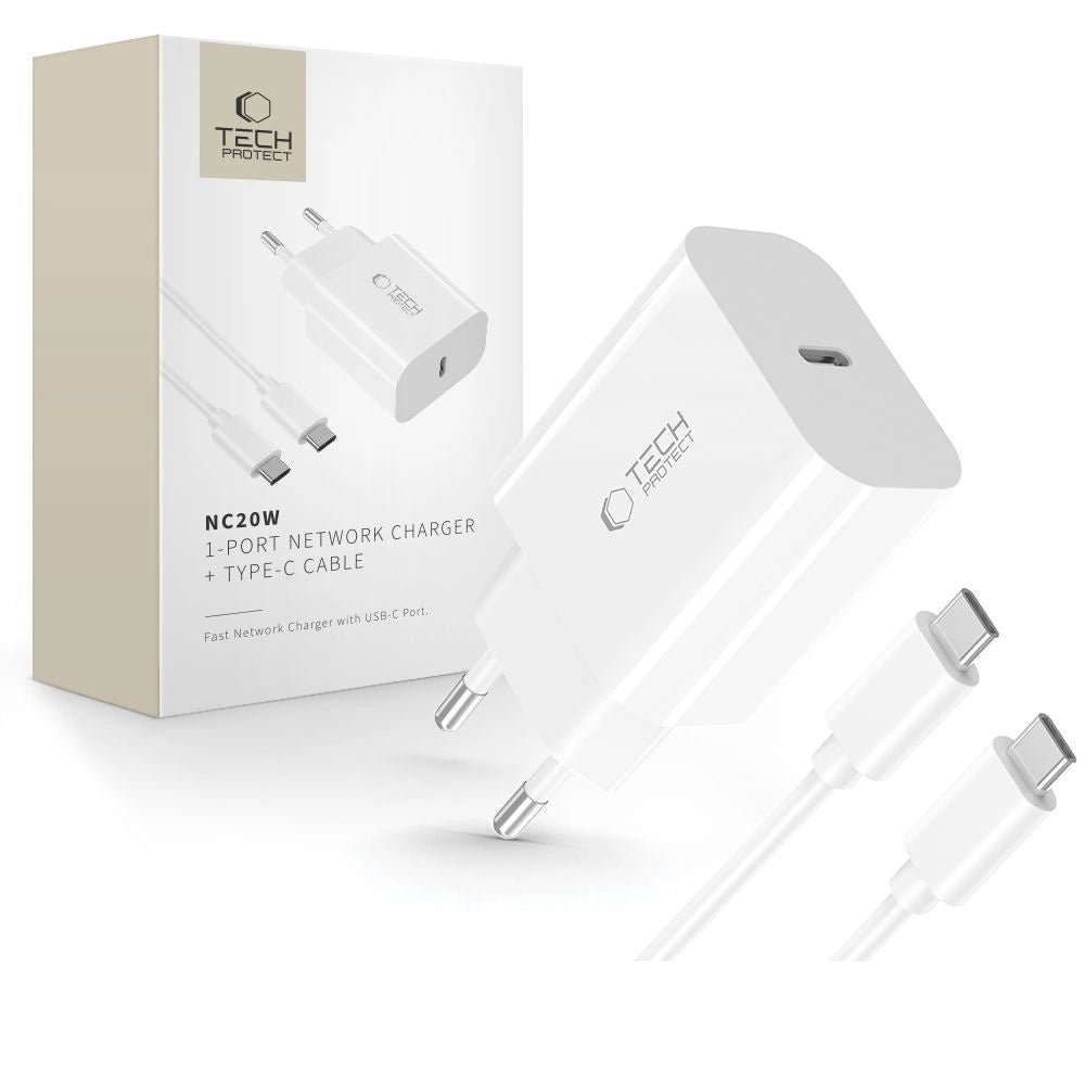 Tech-Protect NC20W PD20W USB-C vægoplader med USB-C kabel - hvid