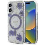 Guess Resin Flowers Glitter MagSafe case for iPhone 16 - purple