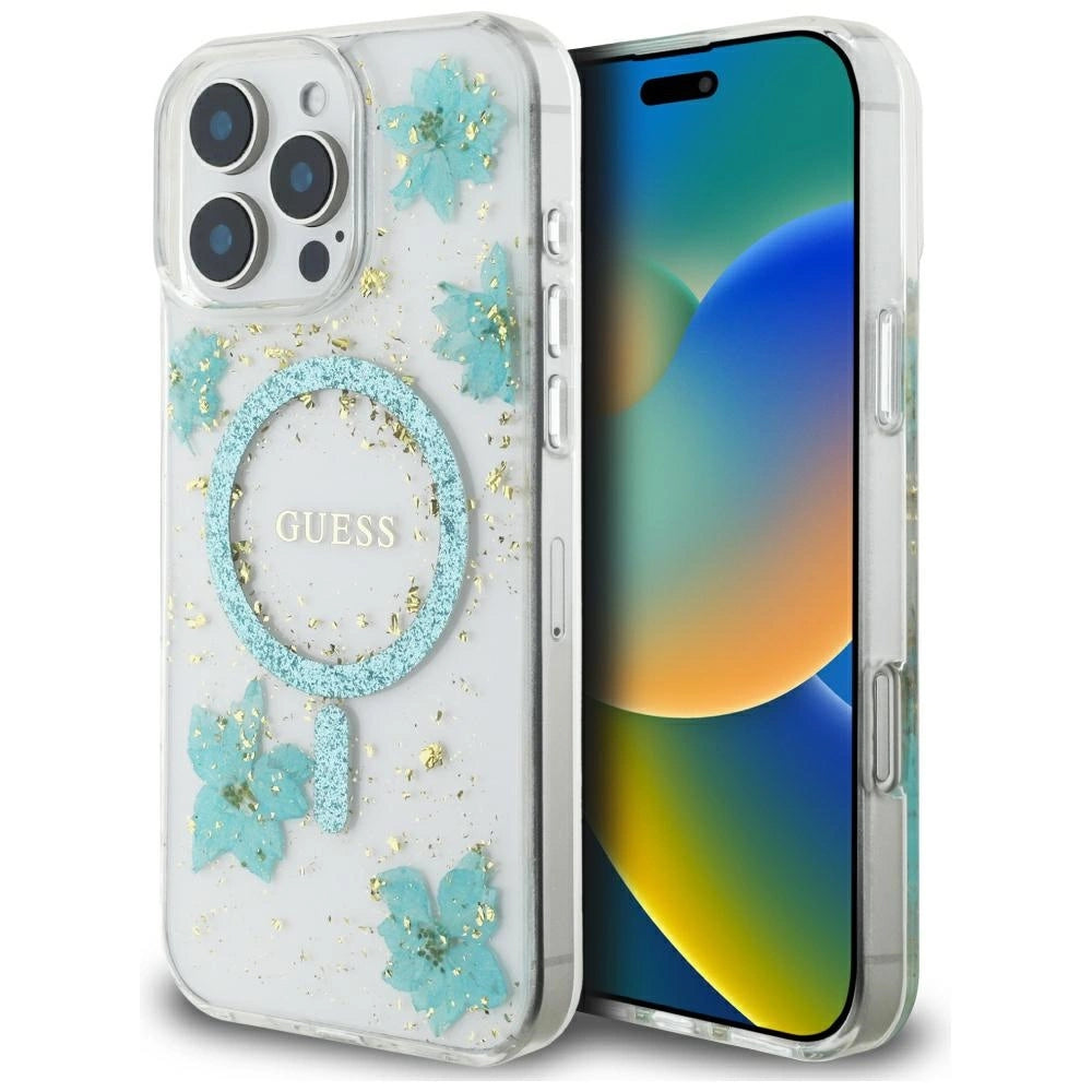 Guess Resin Blomster Glitter MagSafe iPhone 16 Pro Max Case - Klar Grøn