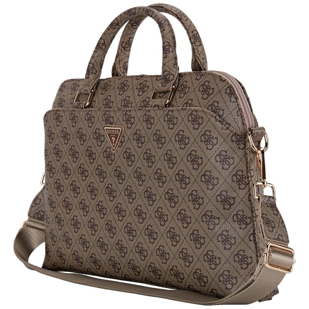 Guess 4G Zipper Pocket Triangle Logo 15" Laptop Bag - Brown