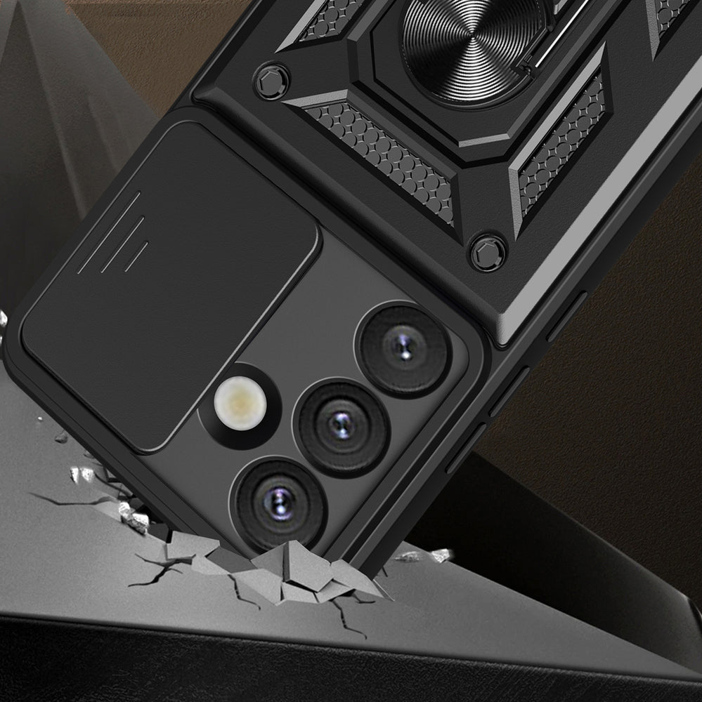 Hybrid Armor Camshield Case med Stand og Camera Cover til Realme 14 Pro+ 5G - sort